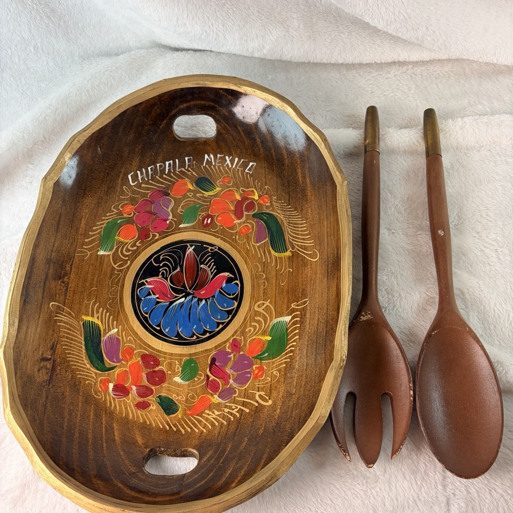 Vtg 60s‎ Mexican Folk Art Wood Batea Tray Set Hand Painted Salad Servers Chapala